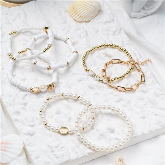 Preppy Heishi Bracelets Set Colorful White Gold Smile Heart Star Evil Eye Beaded - Picture 5 of 6